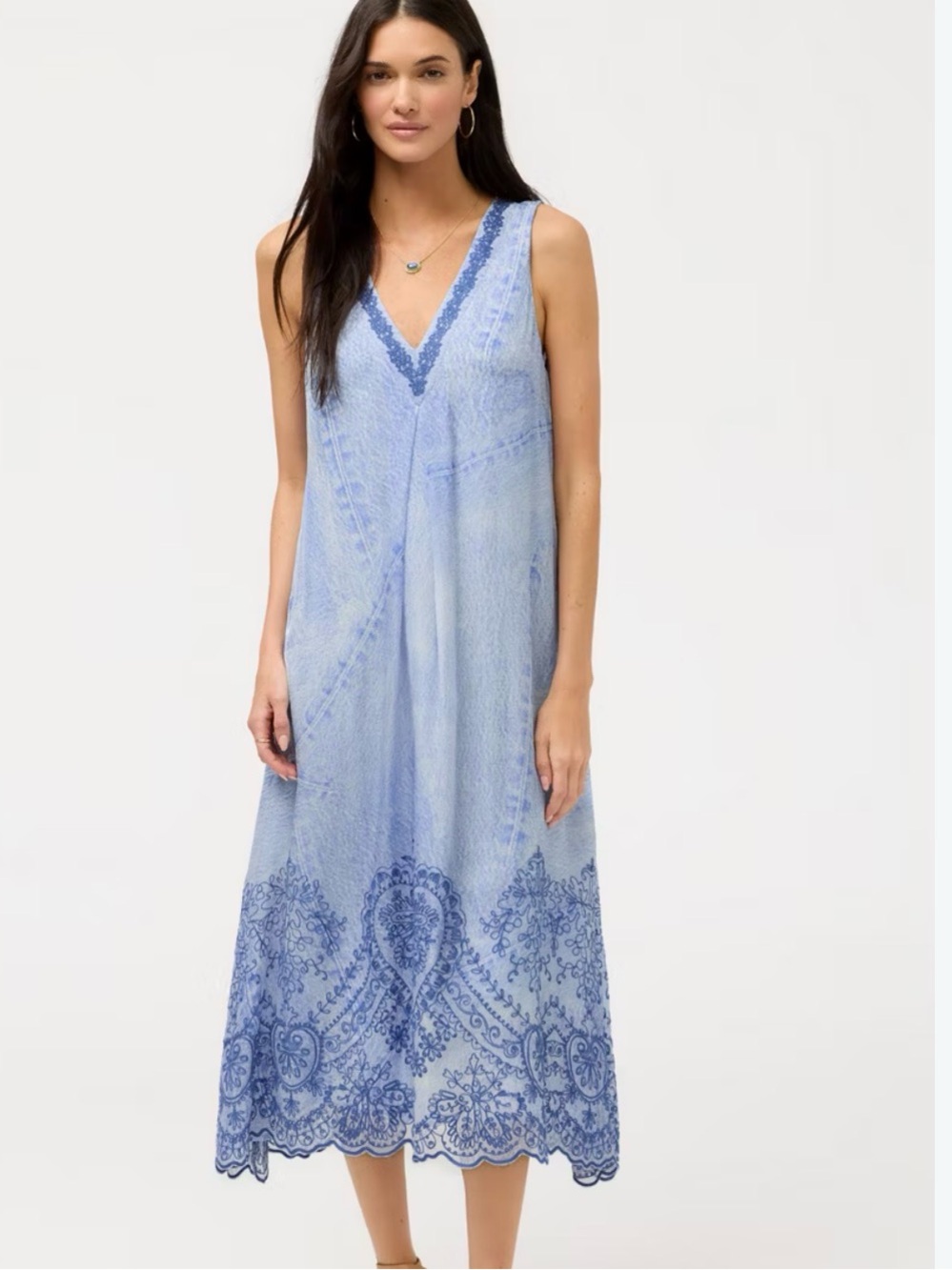 Johnny Was XS Jade Quinlin Silk Blend Blue Embroidered floral Midi Dress
